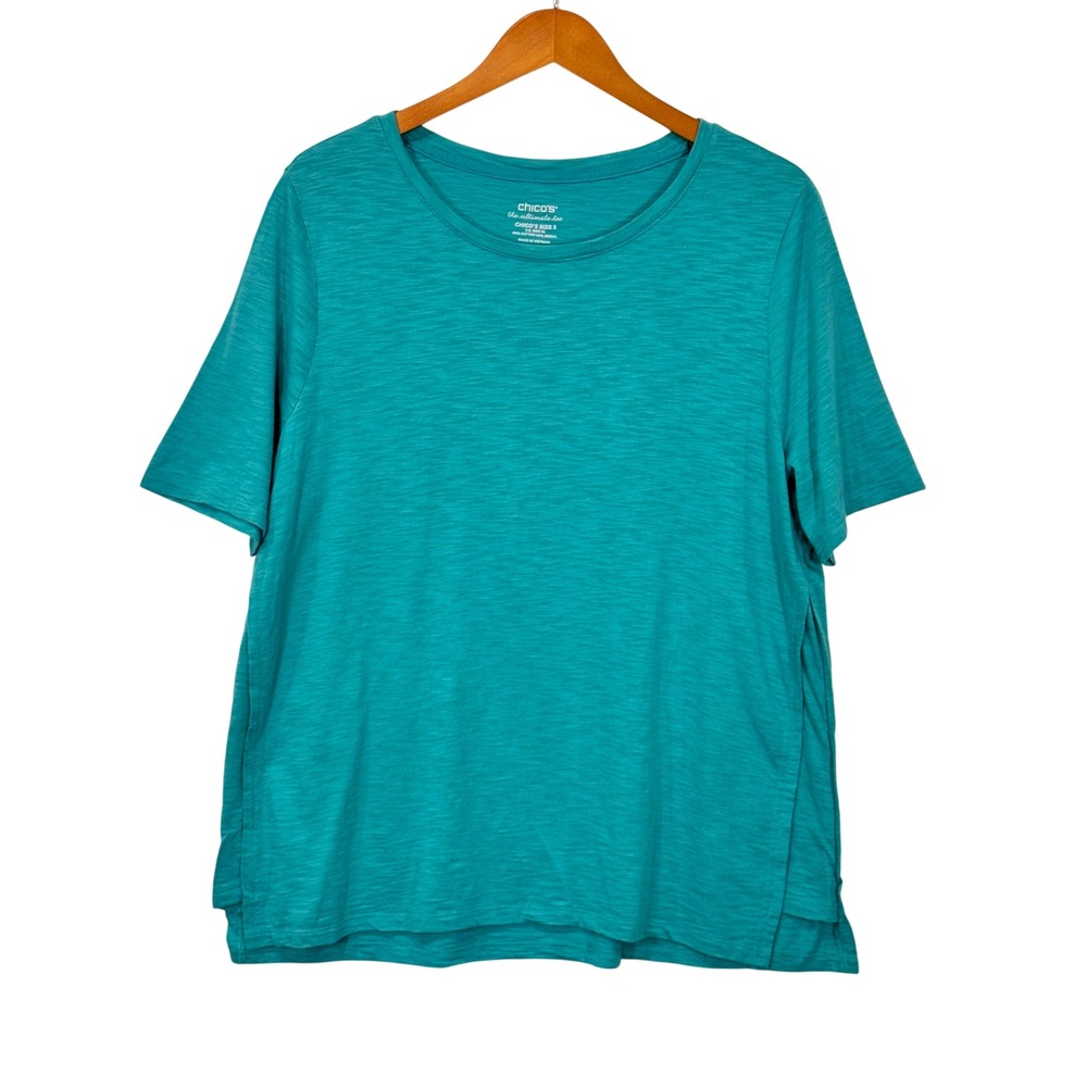 Chico's T-Shirt Womens XL Teal The Ultimate Tee Slub Knit Short Sleeve Side Slit